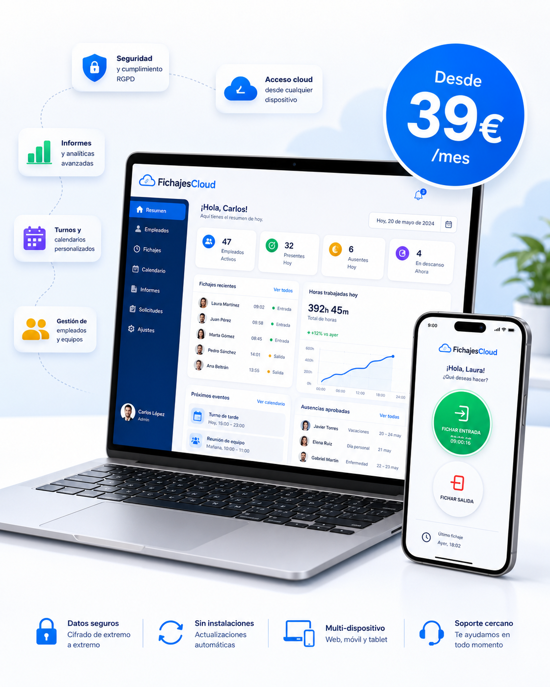 FichajesCloud control horario desde 39 euros al mes