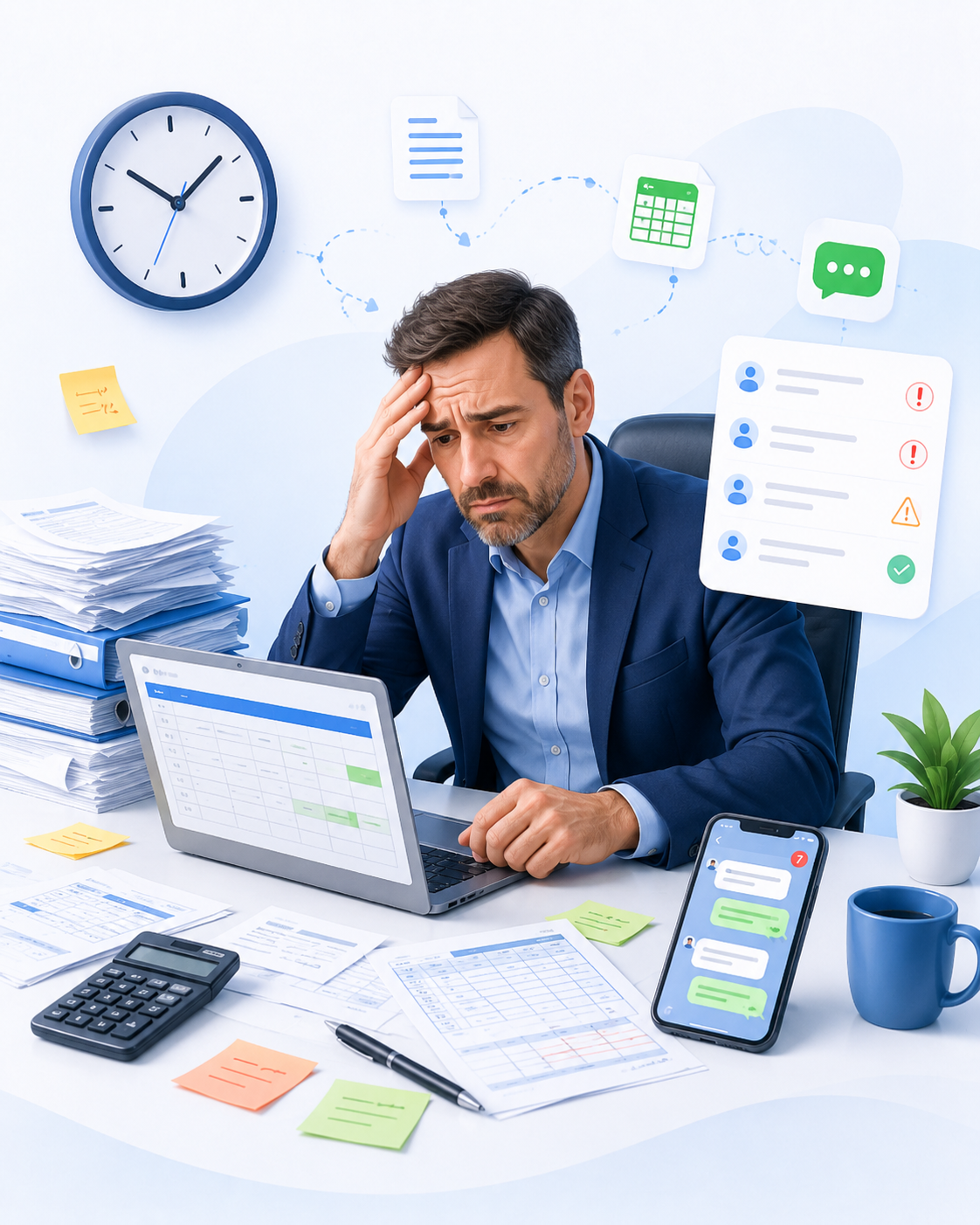 Empresario preocupado gestionando fichajes manuales con papel, Excel y WhatsApp